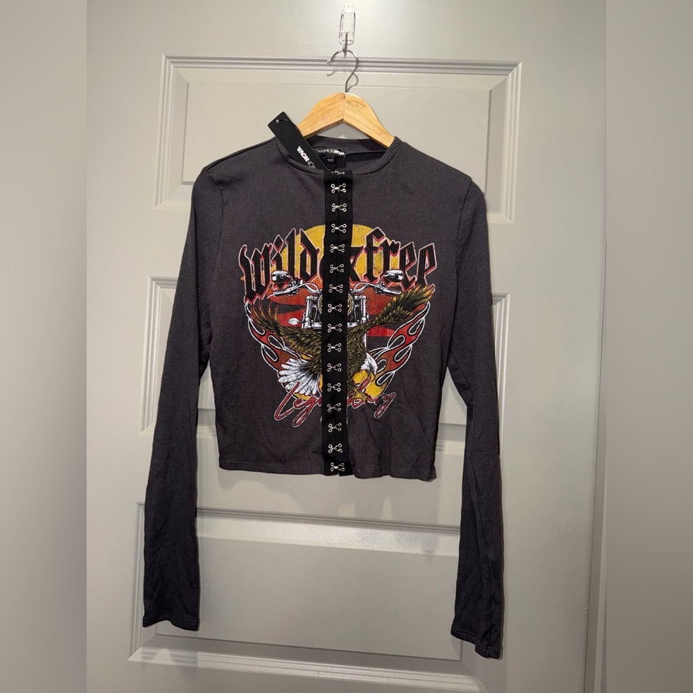 Fashion Nova Black Graphic Top with Yellow and Red Accents